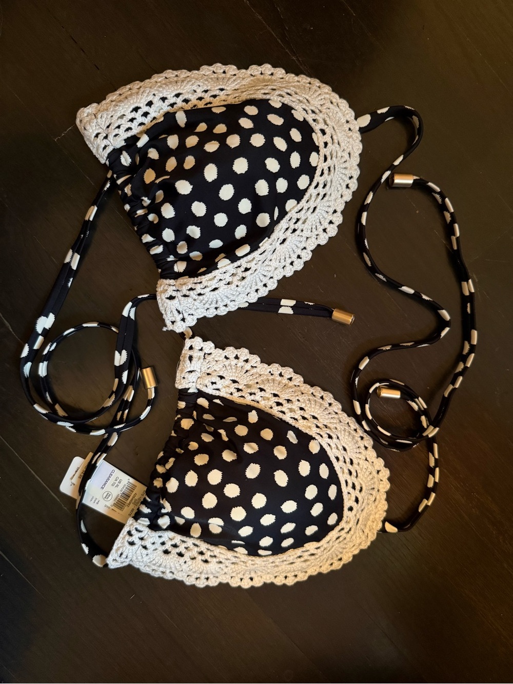 aerie Black and White Polka Dot Crochet Trim Bikini Top